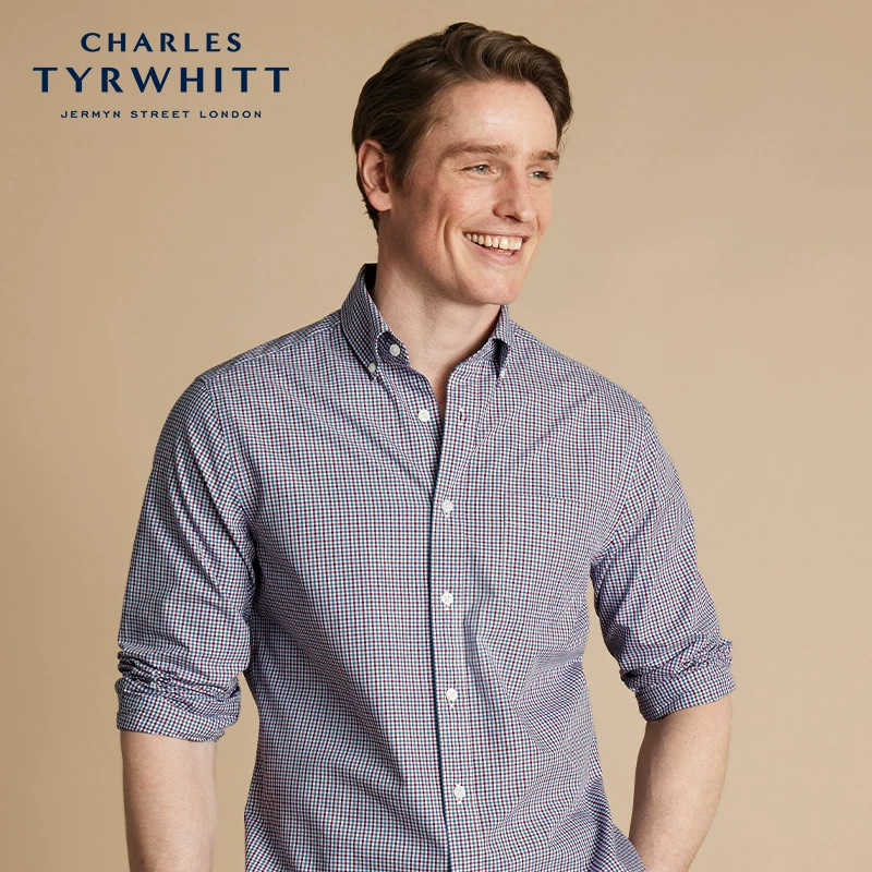 [Brand Welfare Area] CHARLES TYRWHITT Рубашка Slim Fit pink blue мини в клетку без глажки Poplin