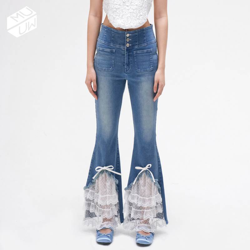 Muuw Lace Spliced Jeans with Slight Flare, Spring and Summer Slim Fit, High Waist, Stretchy, Washed, Ruffled Spliced Denim Pants