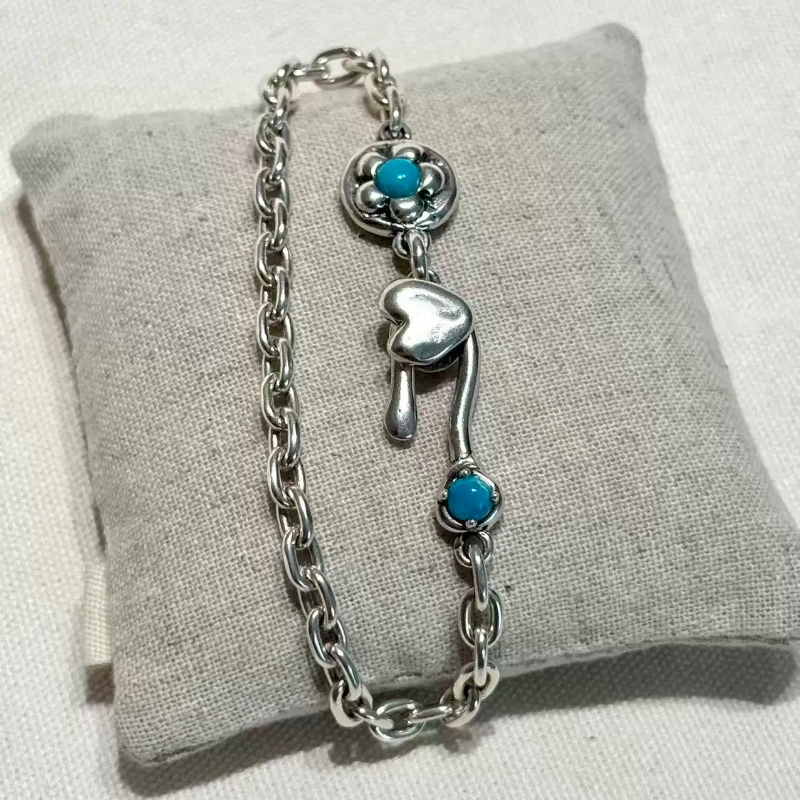 Duan Dian Bao Handmade 925 Sterling Silver Turquoise Flower Double-Sided Heart Bracelet 925 Silver Duan Dian Bao Handmade 925 Sterling Silver Turquoise Flower Double-Sided Heart Bracelet 925 Silver
