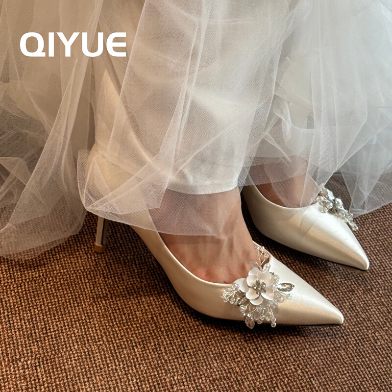 Qiyue: Gentle and Elegant Korean-Style Wedding Shoes! Extra-Large Size Main Fabric Wedding Shoes, High Heels, Stiletto Heels, Satin Dress Shoes