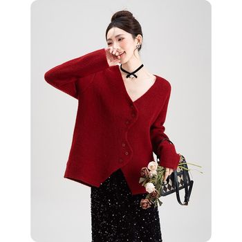 Red sweater knitted cardigan for women autumn and winter 2024 new animal year irregular v-neck single-breasted slimming top