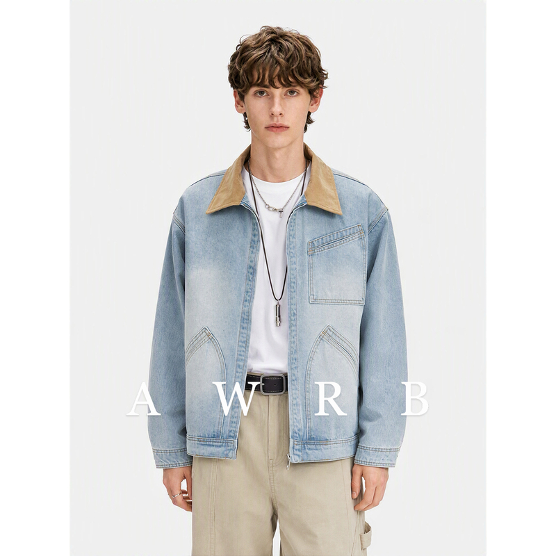 Awrb American Retro Patchwork Style Denim Jacket Men's Loose Lapel Jacket Youth Autum Long-Sleeved Jacket Awrb American Retro Patchwork Style Denim Jacket Men's Loose Lapel Jacket Youth Autum Long-Sleeved Jacket