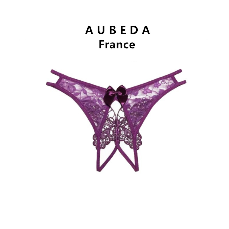 French Aubeda Sexy Pure Desire Butterfly Embroidery Hollow Lace Panties with Thin Straps, Seamless and Easy-To-Remove Thong for Women