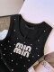 Plus Size Women's Tops with Beaded Letter Embroidery, Plus Size Tank Tops, Women's Summer 2025 New Slim-Fit Sleeveless T-Shirts