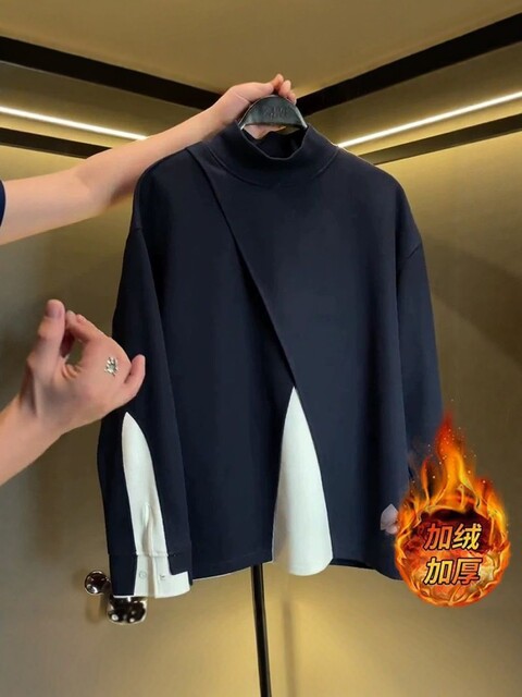 Light Luxury Men's Clothing, Plus-Size Trendy Brand, Men's 2025 Autumn and Winter New Style, Color-Blocking, Irregular Design, Long-Sleeve Top