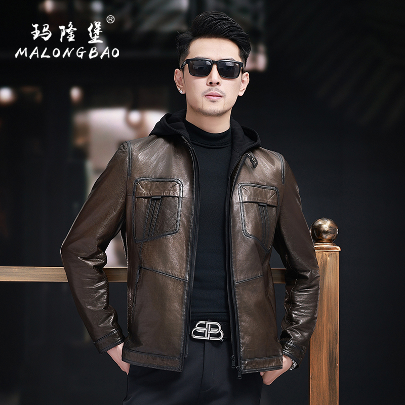 Men's Leather Jacket 2024 Autumn New Style Hooded Short American-Style Waxed Sheepskin Casual Biker Jacket Men's Leather Jacket 2024 Autumn New Style Hooded Short American-Style Waxed Sheepskin Casual Biker Jacket