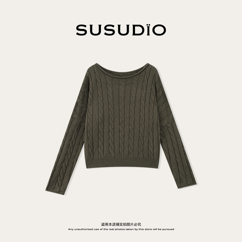 Susudio New Autumn Style Mercerized Wool Off-Shoulder Cable-Knit Rolled-Edge Loose Sweater 2650091 Susudio New Autumn Style Mercerized Wool Off-Shoulder Cable-Knit Rolled-Edge Loose Sweater 2650091