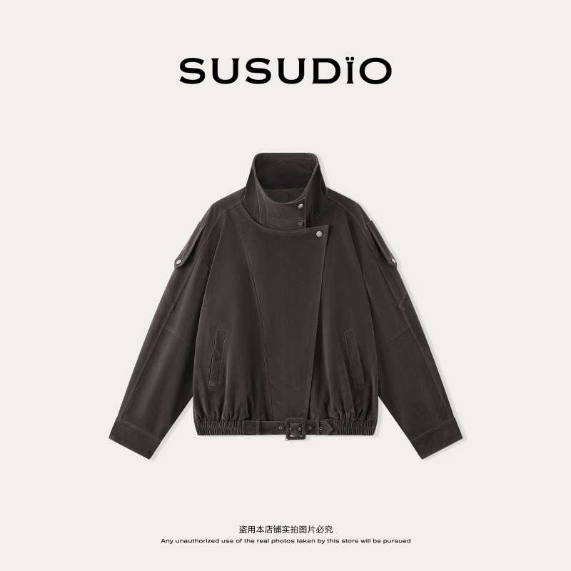 Susudio Autumn/Winter Maillard Retro Lapel Silhouette Matte Biker Leather Jacket 2670110