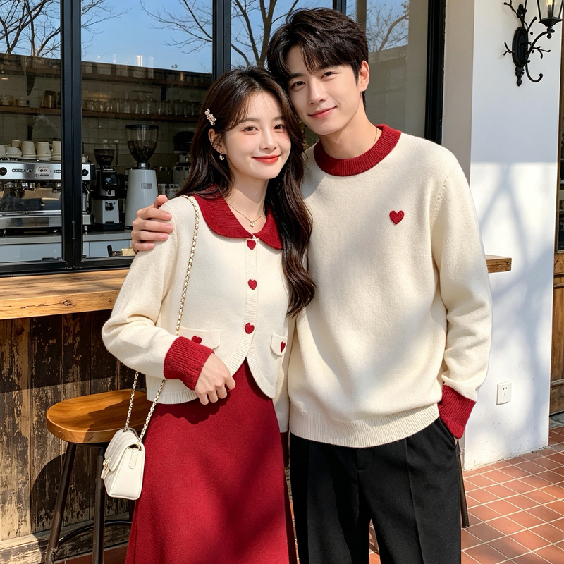 Couple's Autumn and Winter Love-Heart Embroidered Knit Sweaters, Unisex Collared Color-Blocked High-End Style for Dating and Travel Outfits