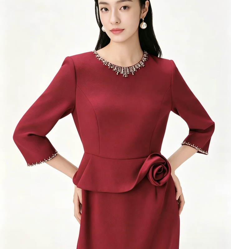 Authentic Mall Same Style 2026 Autumn New Red Round Neck Elegant Beaded Slim Fit Dress for Women