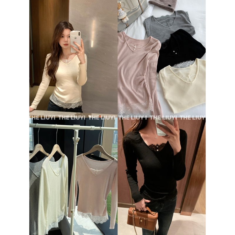 【Liuyi】Gentle Signal~Wool Blend Pure Desire Lace Trim Waist-Slimming Knit Sweater 6818B9