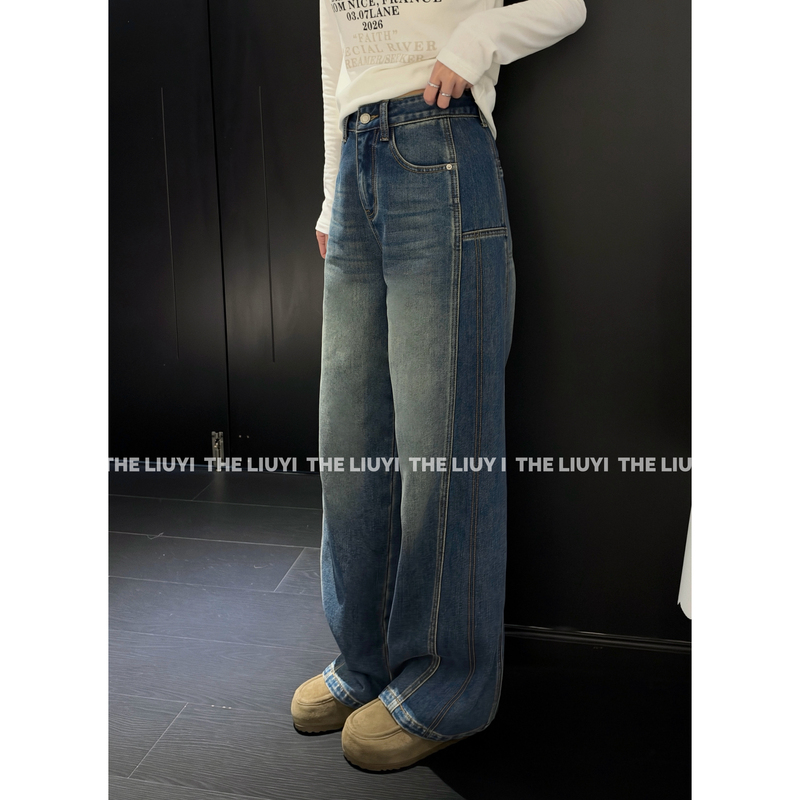 【Liuyi】Highly Recommended Pants~ Winter Fleece-Lined Workwear Style Vintage Washed Denim Scimitar Pants 61014A6