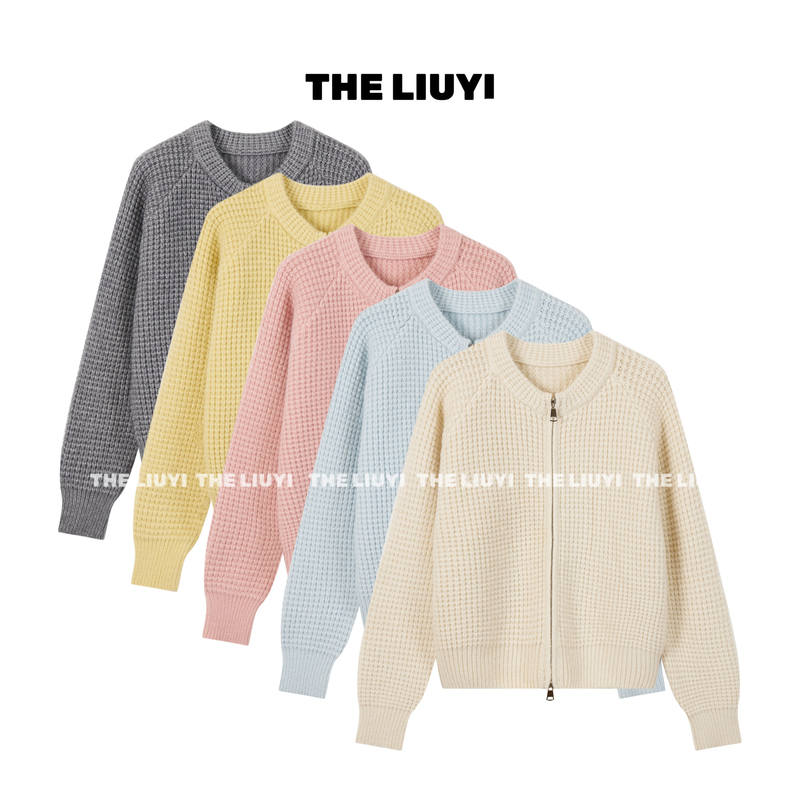 【Liuyi】Round Neck Waffle Pattern ~ Winter Thickened Fashionable Double Zipper Loose Cardigan Sweater Jacket 69213