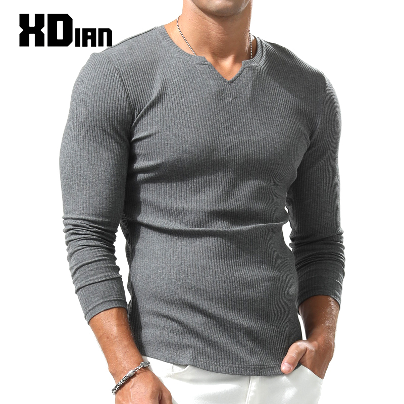 Men's Slim-Fit Cotton Base Layer Shirt with V-Neck, Solid Color, Stretchy, Tight-Fitting, Cotton Material, Suitable for Spring and Autumn, Long-Sleeve T-Shirt