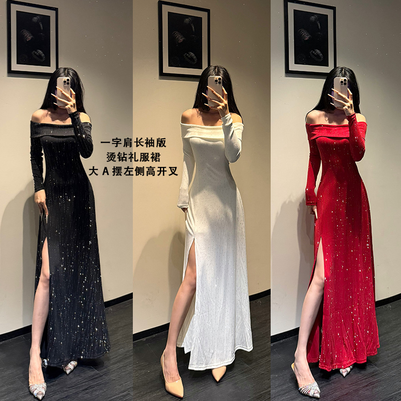 Suerita One-Shoulder Long-Sleeve Rhinestone Dress for Women, Slit Dress, Slimming Sequin Dress-F013 Rhinestone