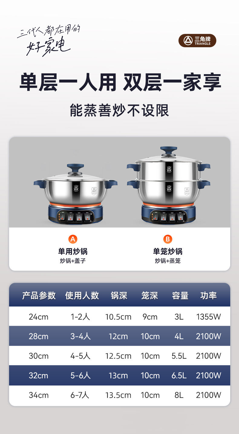Плиты 三角牌304不锈钢电炒锅加厚多功能家用蒸煮一体电热锅大容量电锅 Triangle