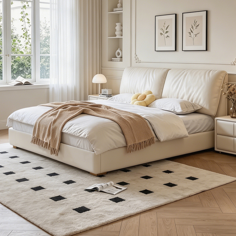 Cream-Colored Genuine Leather Bed, Elephant Ear Bed, Modern Minimalist Master Bedroom Large Bed, 2.2m Double Soft-Packed Storage Beds, Wedding Bed Cream-Colored Genuine Leather Bed, Elephant Ear Bed, Modern Minimalist Master Bedroom Large Bed, 2.2m Double Soft-Packed Storage Beds, Wedding Bed