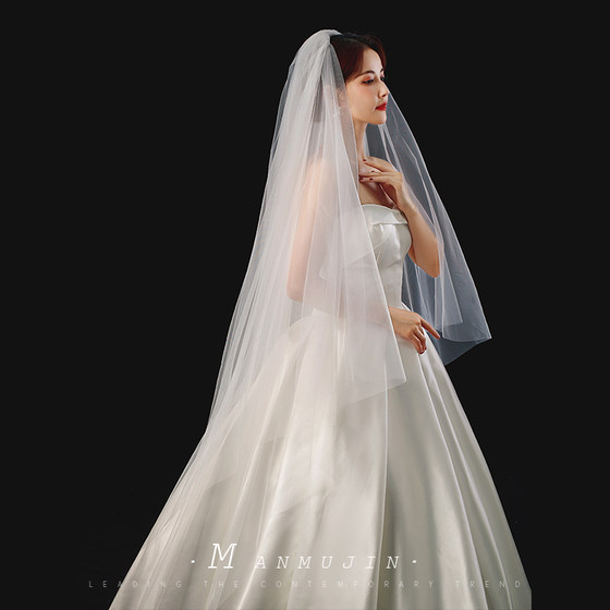 슈퍼 요정 단순한 흰색 소프트 메쉬 평범한 원사 이중 T- 레이어 베일 웨딩 스타일 여행 사진 신부 머리의 긴 버전