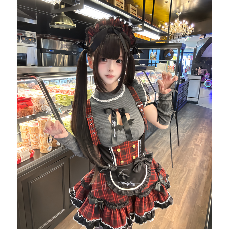 Xiaomeng Replica Little Devil Maid Cosplay Costume Japanese Retro Gray-Red Classic Maid Outfit Dress Short Skirt