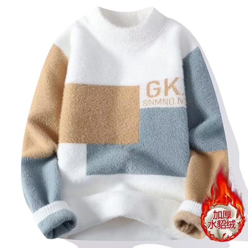 Autumn and Winter Sweater for Men, Fleece-Lined and Thickened, Half-High Collar, Student Base Layer, Trendy and Unique Knitwear, Warm Top