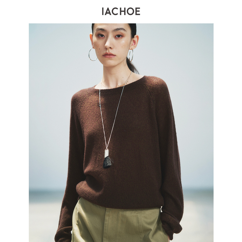 Iachoe Cashmere Wool Round Neck Knitwear for Women 26 Autumn Loose Raglan Sleeve Brown Coffee Color Relaxed Knitwear Iachoe Cashmere Wool Round Neck Knitwear for Women 26 Autumn Loose Raglan Sleeve Brown Coffee Color Relaxed Knitwear