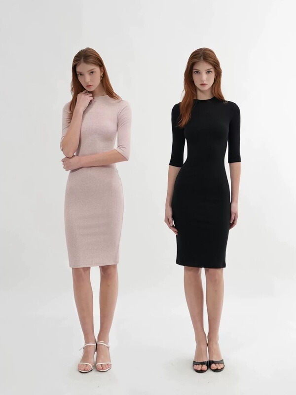 Jim Kennet Half-High Collar Knitted Mid-Sleeve Ribbed Slim-Fit Bodycon Midi Dress for Women, Summer Waist-Cinching Dress
