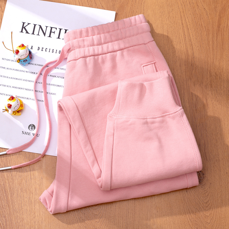 Spring and Autumn New Heavy-Duty Light Pink Women's Slimming Comfortable Elastic High-Waisted Plus-Size Women's Pants Terry Cloth Casual Pure Cotton