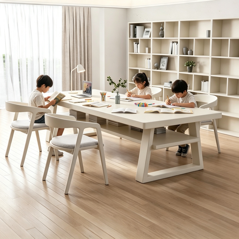 Cream-Colored, Minimalist Living Room-Style Long Desk, Home Office Desk, Workbench, Long Table, Solid Wood Desk, Large Board Table