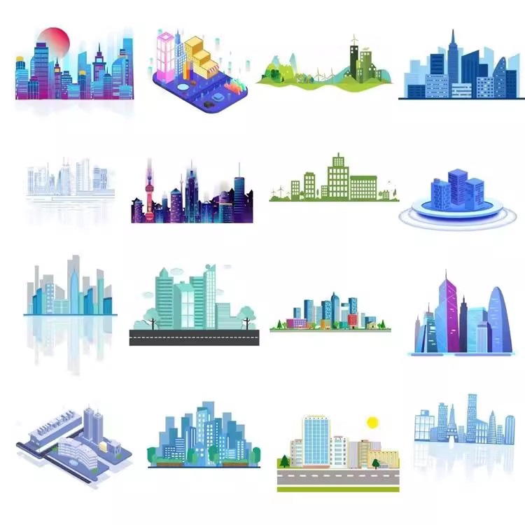 卡通手绘科技城市建筑PNG免扣素材图片高楼大厦剪影插画设计元素