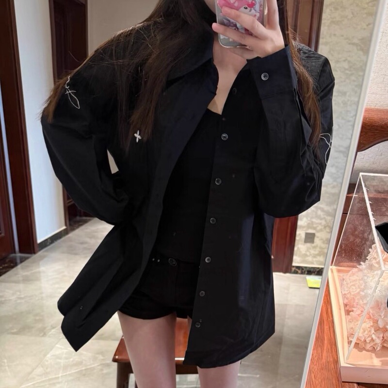 Cross-Stitch Embroidered Shirt Collection, Same Style as Wen Wen, Classical Shirt, Satin Wide-Cut Vintage Loose Shirt, Mid-Length