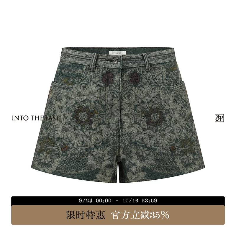 กางเกงขาสั้นผ้ายีนส์พิมพ์ลายวินเทจแบบพรีพิมพ์ แบรนด์ Into the East