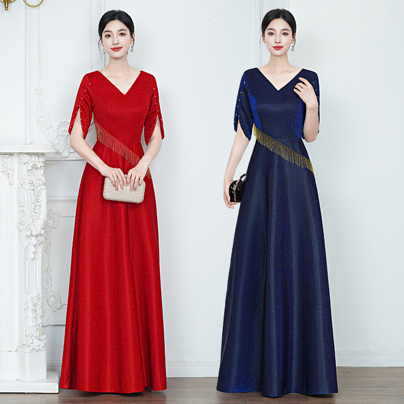 Performance Clothing, Choir Host Conductor Costume, Red Song High-End Elegant Performance Stage Red Evening Dress
