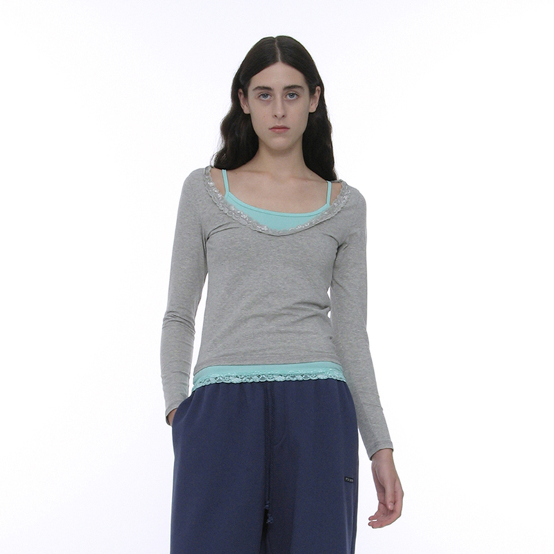 Layered V Neck Long-Sleeved Knitted Top Partimento Women Half-Short Lace-Trimmed Two-Piece Suit