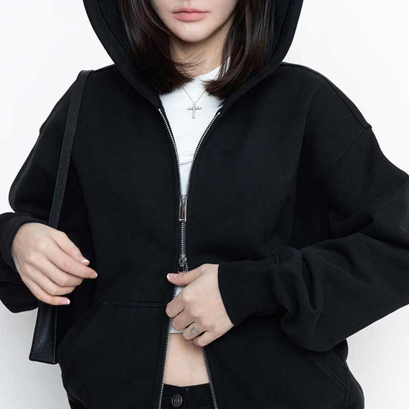 Filgood Black Zip-Up Sweatshirt Jacket, Slimming, Durable, Versatile, Suitable for All Body Types Fg02H03