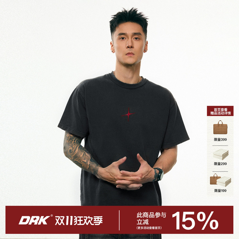 Drk Star 7 Embroidered Washed T-Shirt for Men, Summer Short Sleeve Top, Women's American Retro Casual Half Sleeve Trendy T-Shirt Drk Star 7 Embroidered Washed T-Shirt for Men, Summer Short Sleeve Top, Women's American Retro Casual Half Sleeve Trendy T-Shirt