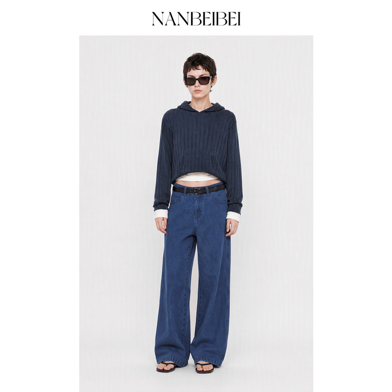Nanbeibei Women's Summer Loose Casual Cotton High-End Blue Minimalist Buttoned Straight-Leg Jeans Nanbeibei Women's Summer Loose Casual Cotton High-End Blue Minimalist Buttoned Straight-Leg Jeans