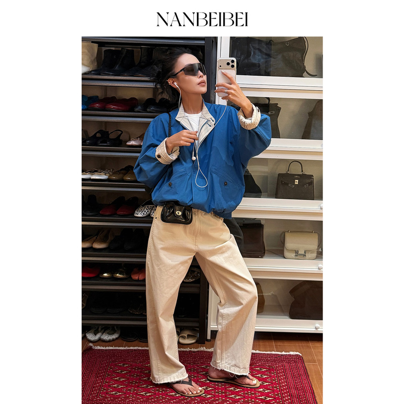 Nanbeibei Women's New Loose Casual Blue Round-Neck Long-Sleeved Zipper Reversible Jacket Nanbeibei Women's New Loose Casual Blue Round-Neck Long-Sleeved Zipper Reversible Jacket