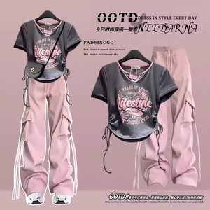 French Uamtor Girls' Sweet and Cool T-Shirt Set, Middle School Students' Trendy Street Tops, Fashionable Cargo Pants, Casual Two-Piece Set