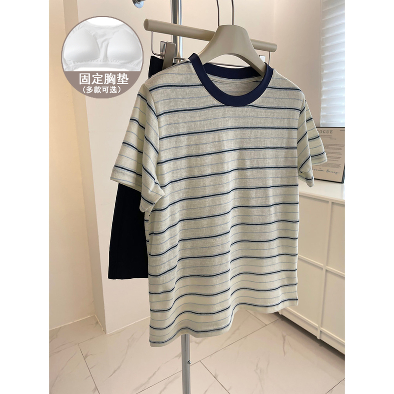 Pajamas with Chest Pads, Ins Snowflake Cotton Thin Short-Sleeved T-Shirt for Women, Summer Loose Korean Style Half-Sleeved Stripesd Contrast Top