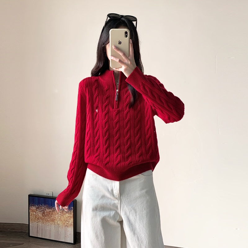 Red Sweater for Women, Autumn and Winter New Style, Old Money Embroidery, Pure Wool Pullover, Long Sleeve, Stand Collar, Half-Zip Knit Top Red Sweater for Women, Autumn and Winter New Style, Old Money Embroidery, Pure Wool Pullover, Long Sleeve, Stand Collar, Half-Zip Knit Top