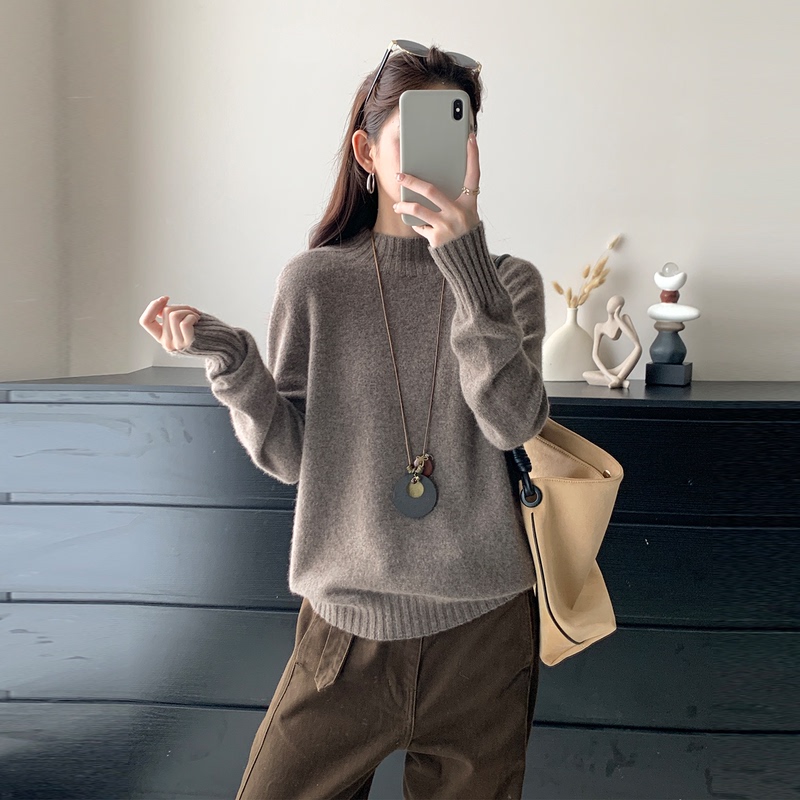 Women's Pullover Sweater, New Autumn Style, Yak Wool, Loose Ribbed Knit, Long-Sleeved, Half-High Collar, Knit Top Women's Pullover Sweater, New Autumn Style, Yak Wool, Loose Ribbed Knit, Long-Sleeved, Half-High Collar, Knit Top