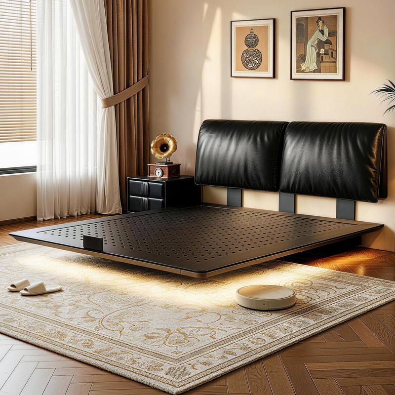Ultra-Thin Carbon Steel Floating Bed 2026 Trendy Bed Elephant Ear Genuine Leather Stainless Steel Wrought Iron Master Bedroom Wedding Bed