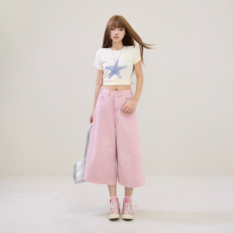 Pink Dopamine Cropped Wide-Leg Jeans for Women 2026 Spring/Summer New High-Waisted Loose Slimming Drape Straight-Leg Pants