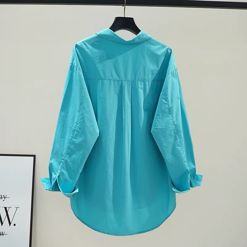 Turquoise Green Pure Cotton Shirt for Women, Simple Design, Loose Mid-Length Shirt, 2026 Spring and Autumn Versatile Casual Shirt