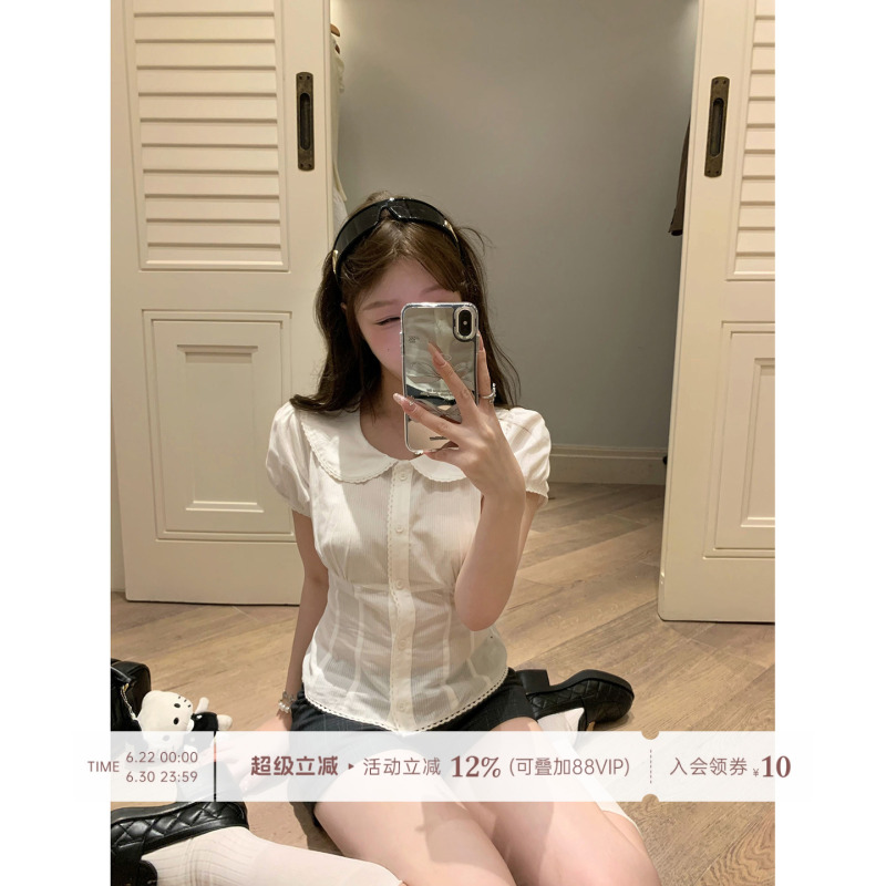 Lukira【Vivian Girl】White Doll Collar Puff Short Sleeve Shirt for Women Spring/Summer Waist-Tie Top Lukira【Vivian Girl】White Doll Collar Puff Short Sleeve Shirt for Women Spring/Summer Waist-Tie Top