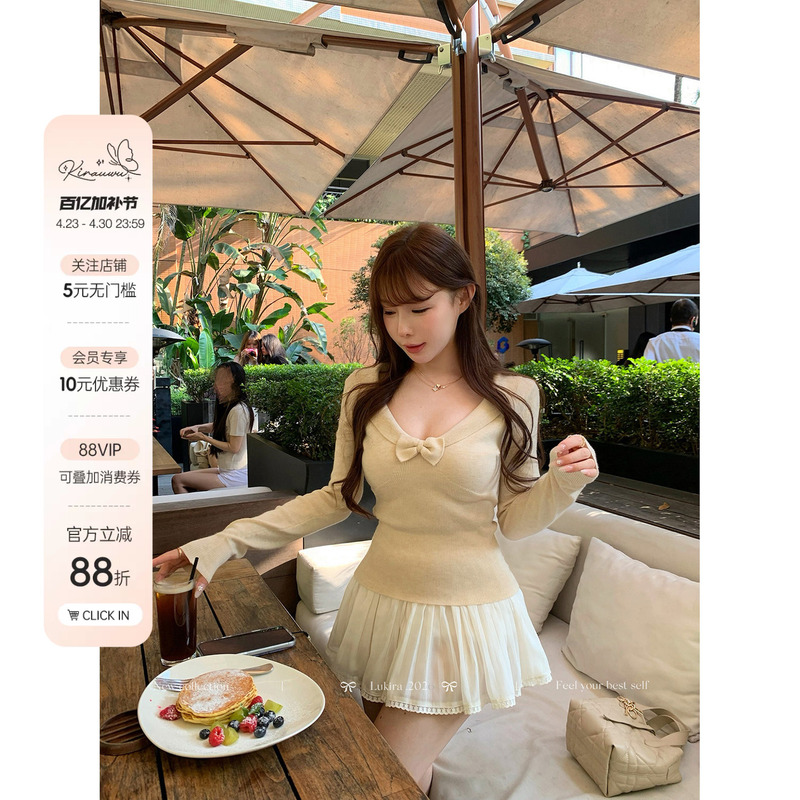 Lukira【Floral Heart Knot】One-Shoulder V-Neck Wool Sweater Knit Top for Women 2026 Spring Slim-Fit Top