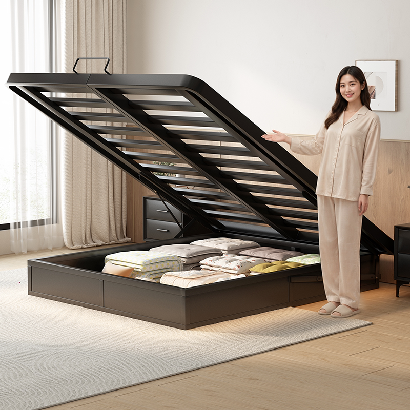 Wrought Iron Bed with Floating Box Frame, Storage, No Glue, No Headboard, Suitable for Small Bedrooms, Slatted Frame, 1.8m Double Beds