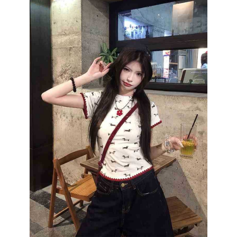 美式腊肠狗印花辣妹短袖T恤女夏季新款修身显瘦正肩撞色拼接上衣