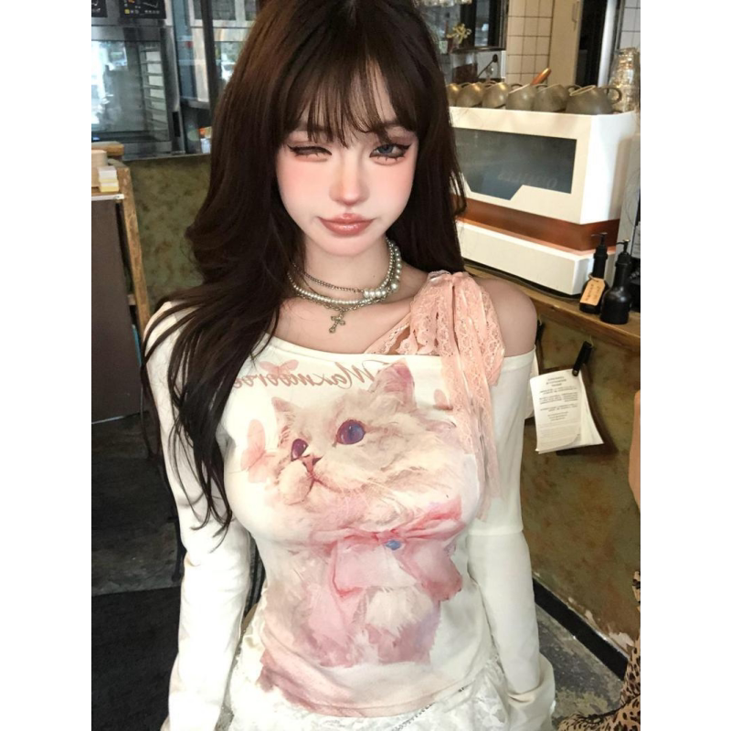 American Retro Cat Lace Tie Off-Shoulder Long Sleeve T-Shirt for Women, Early Autumn, Unique Design, Slim Fit, Versatile Top