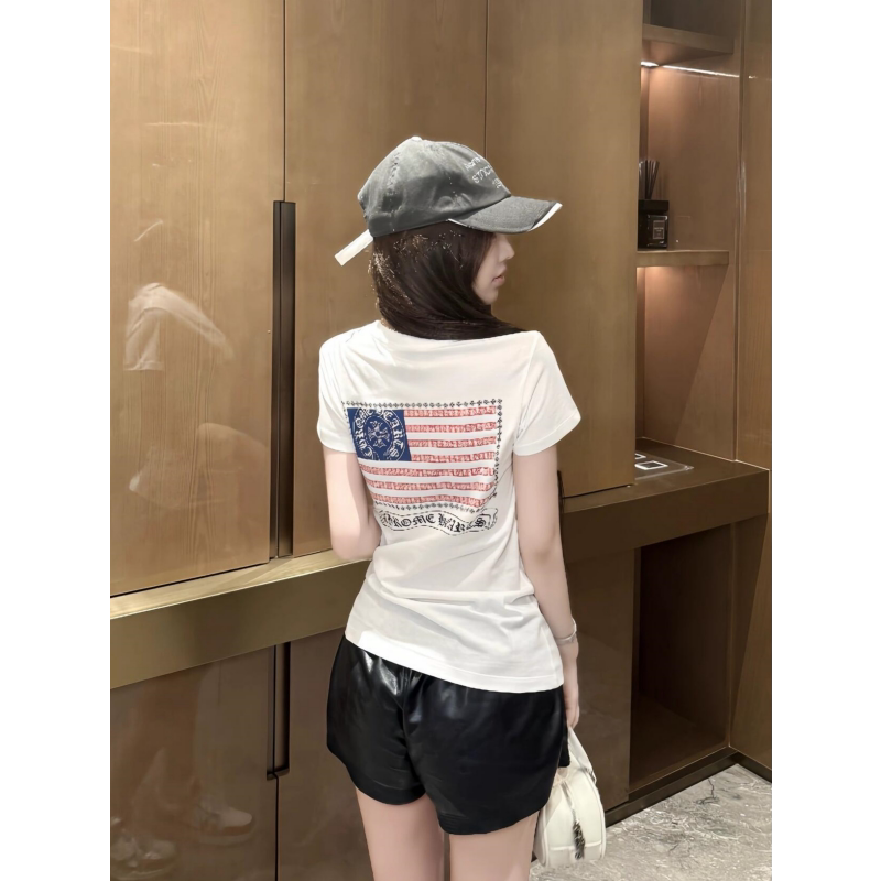 Summer New Vintage V-Neck Star and Stripe Print Design Short-Sleeve T-Shirt for Women, American Style Hot Girl Pure Cotton Top Summer New Vintage V-Neck Star and Stripe Print Design Short-Sleeve T-Shirt for Women, American Style Hot Girl Pure Cotton Top